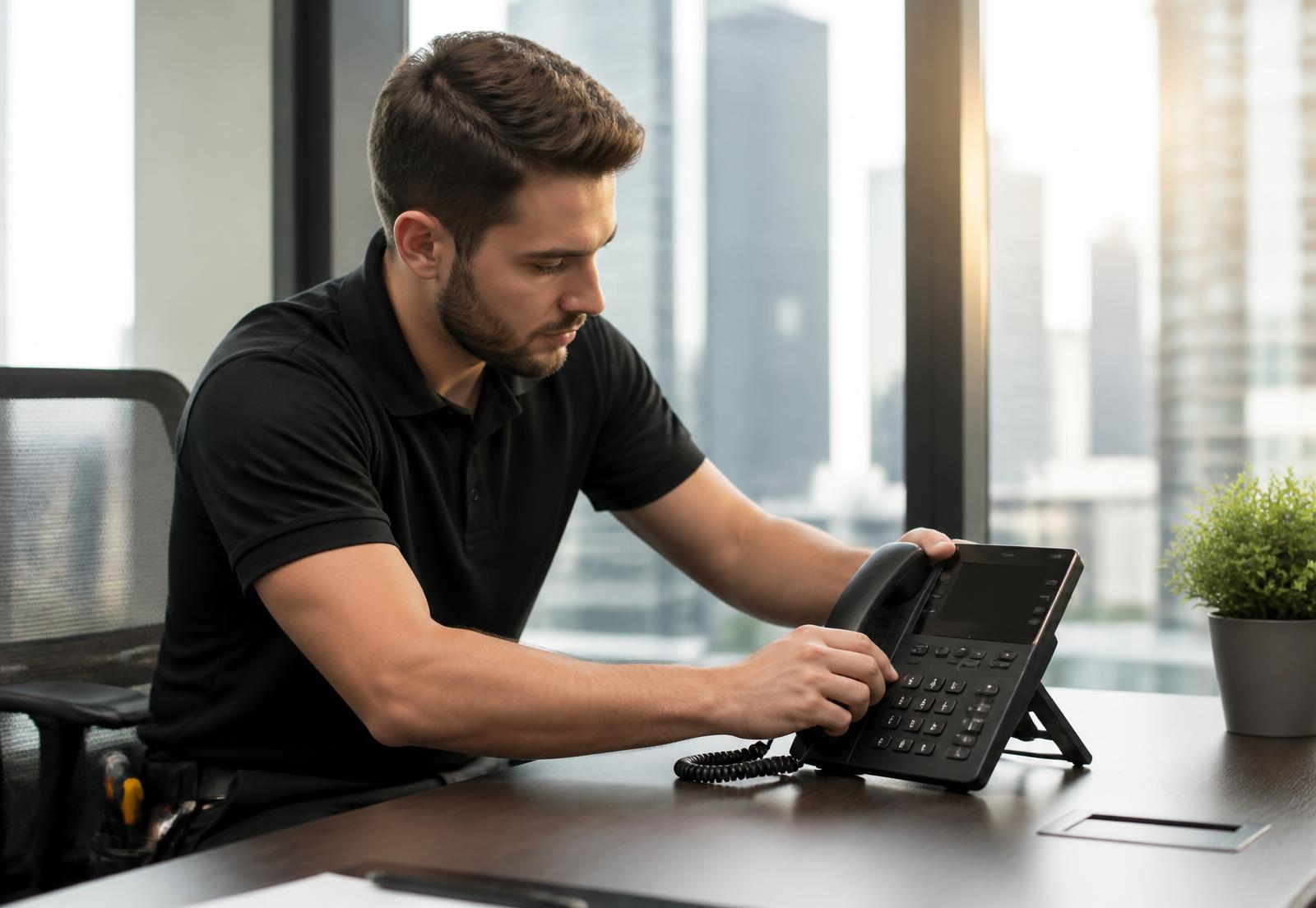 DFWVoIP technician installing a desk phone at a Dallas office